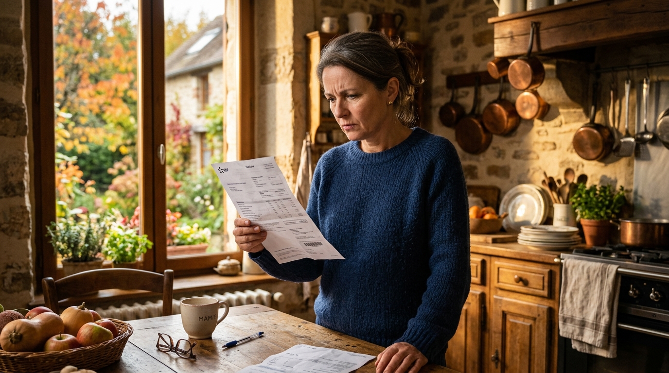 Femme inquiète regarde sa facture d'électricité dans sa cuisine