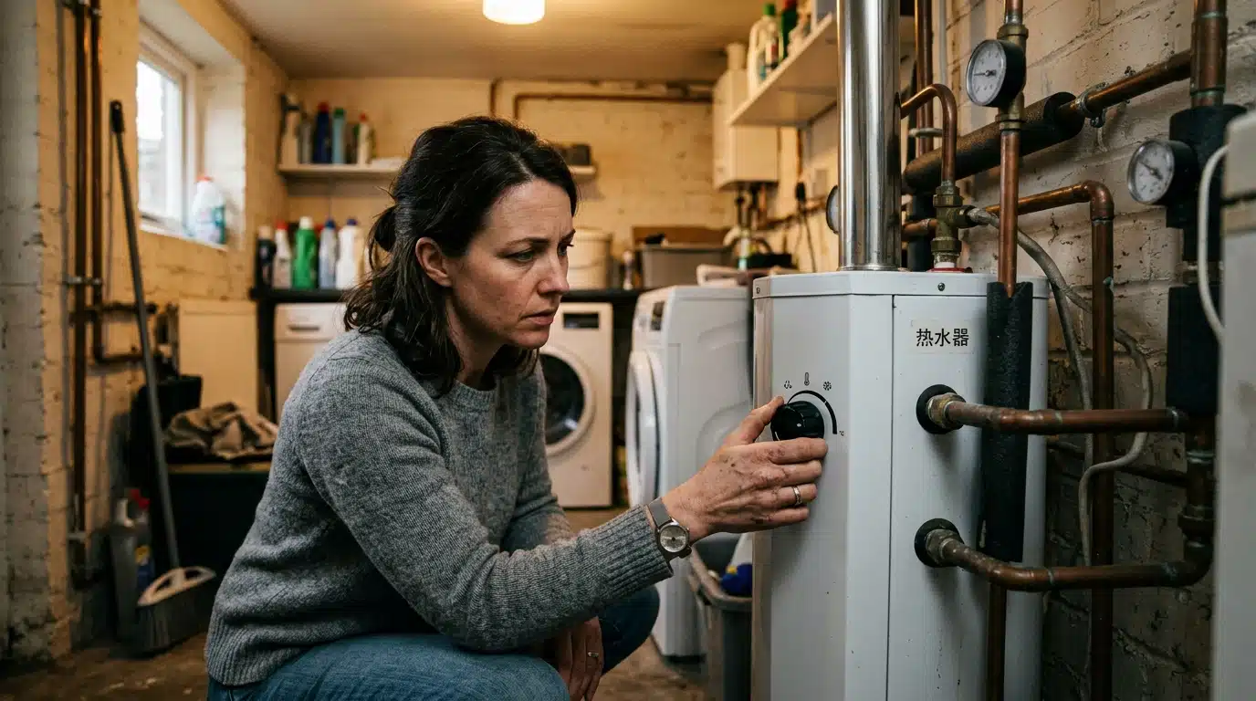 Femme règle le thermostat de son chauffe-eau
