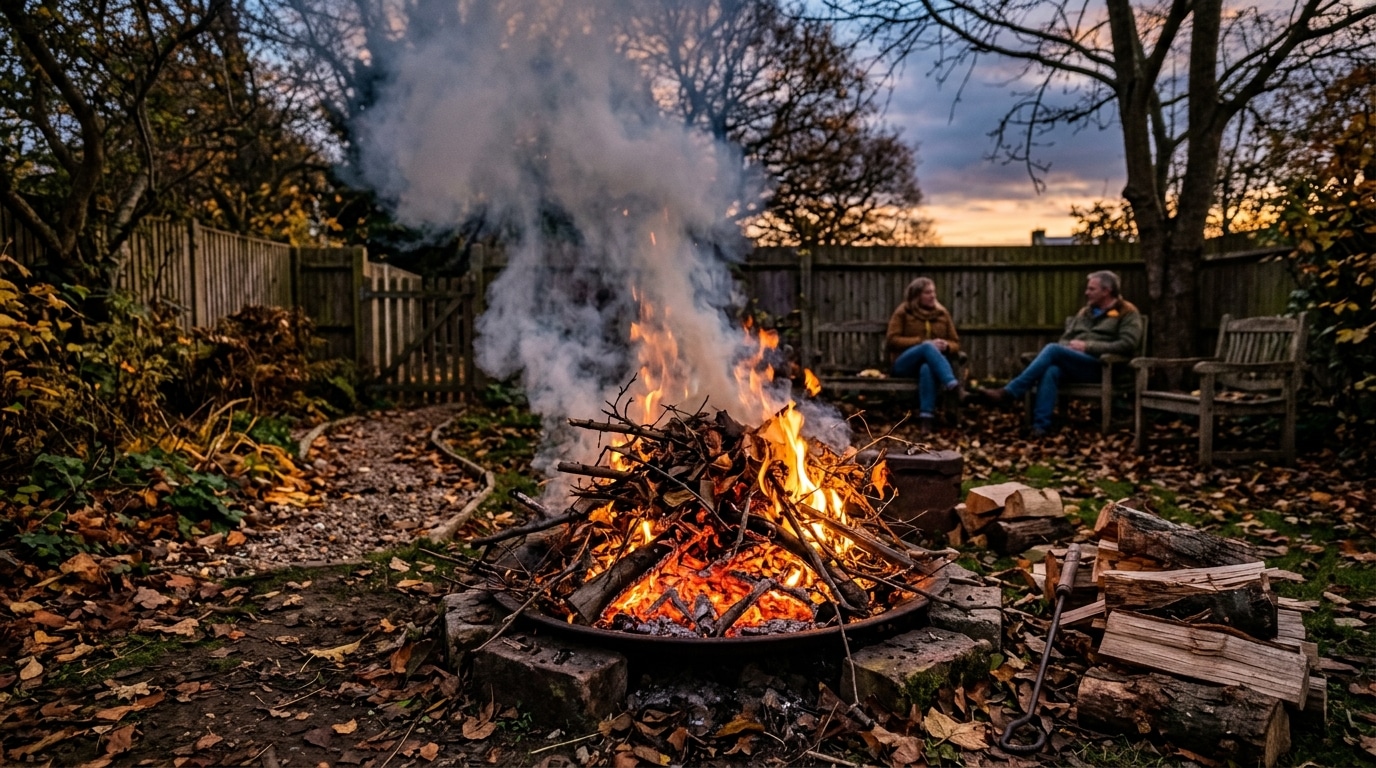Fumée épaisse s'élevant d'un feu de jardin