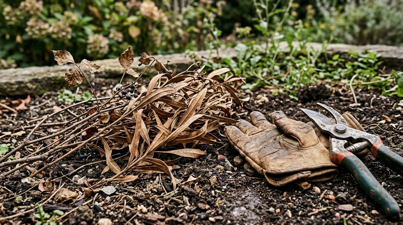 Feuilles séchées de laurier-rose près de gants de jardinage