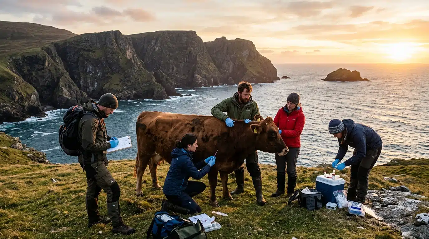 Scientifiques examinant une vache sur l'île d'Amsterdam
