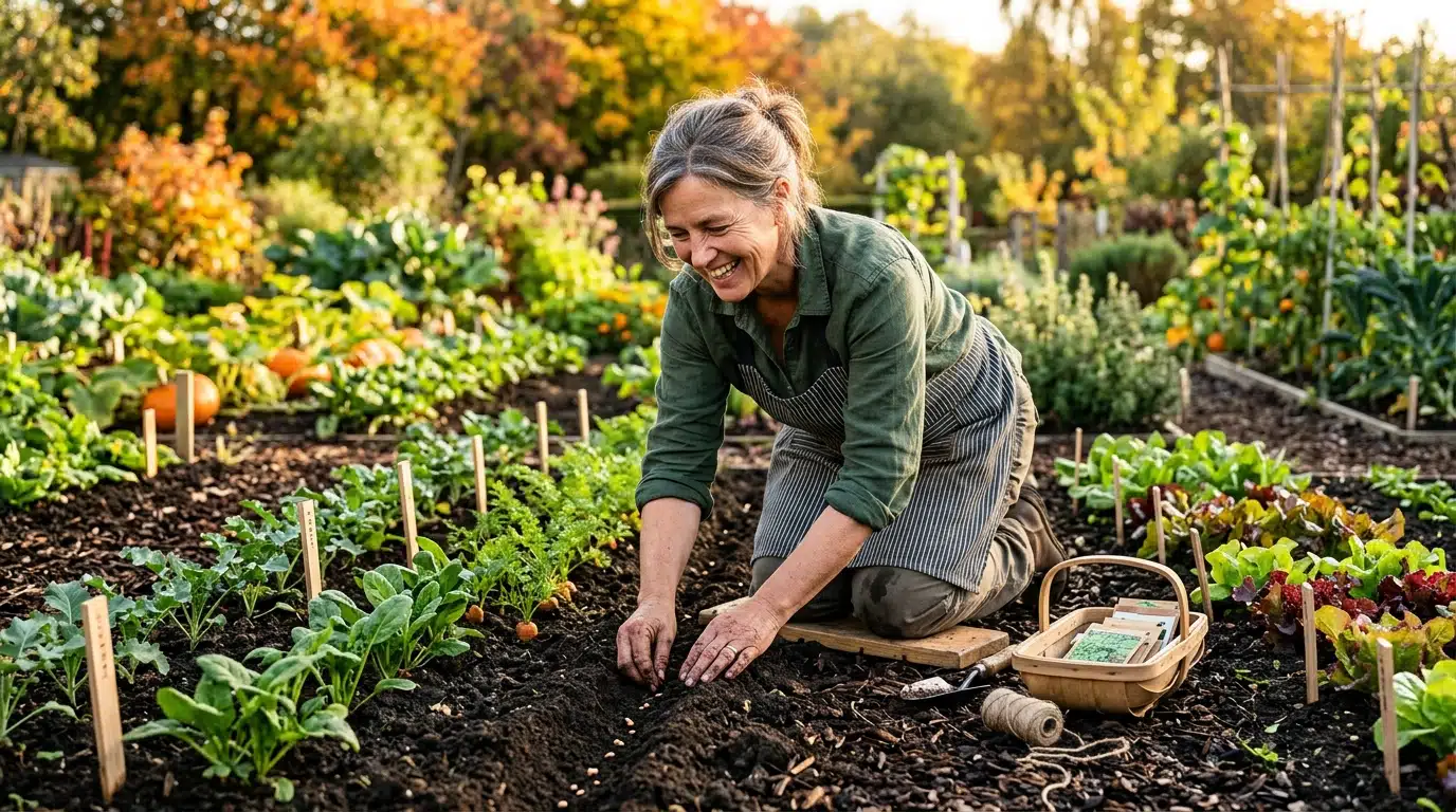 Femme semant des légumes d'automne dans le potager