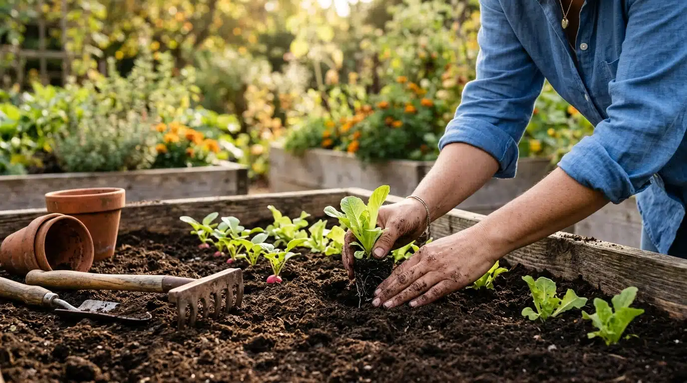 Mains plantant des semis de radis et laitue
