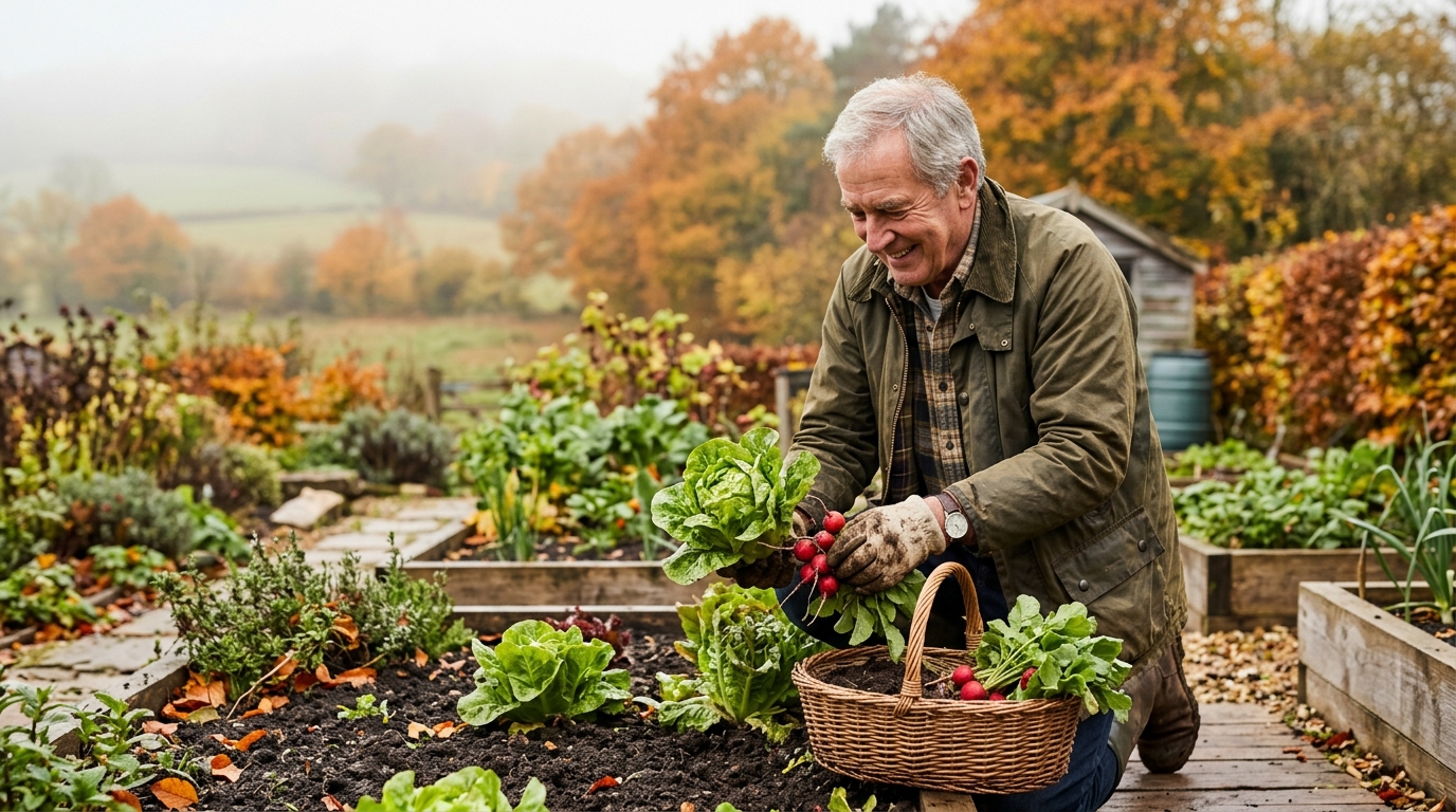 Homme récoltant des légumes d'automne au jardin