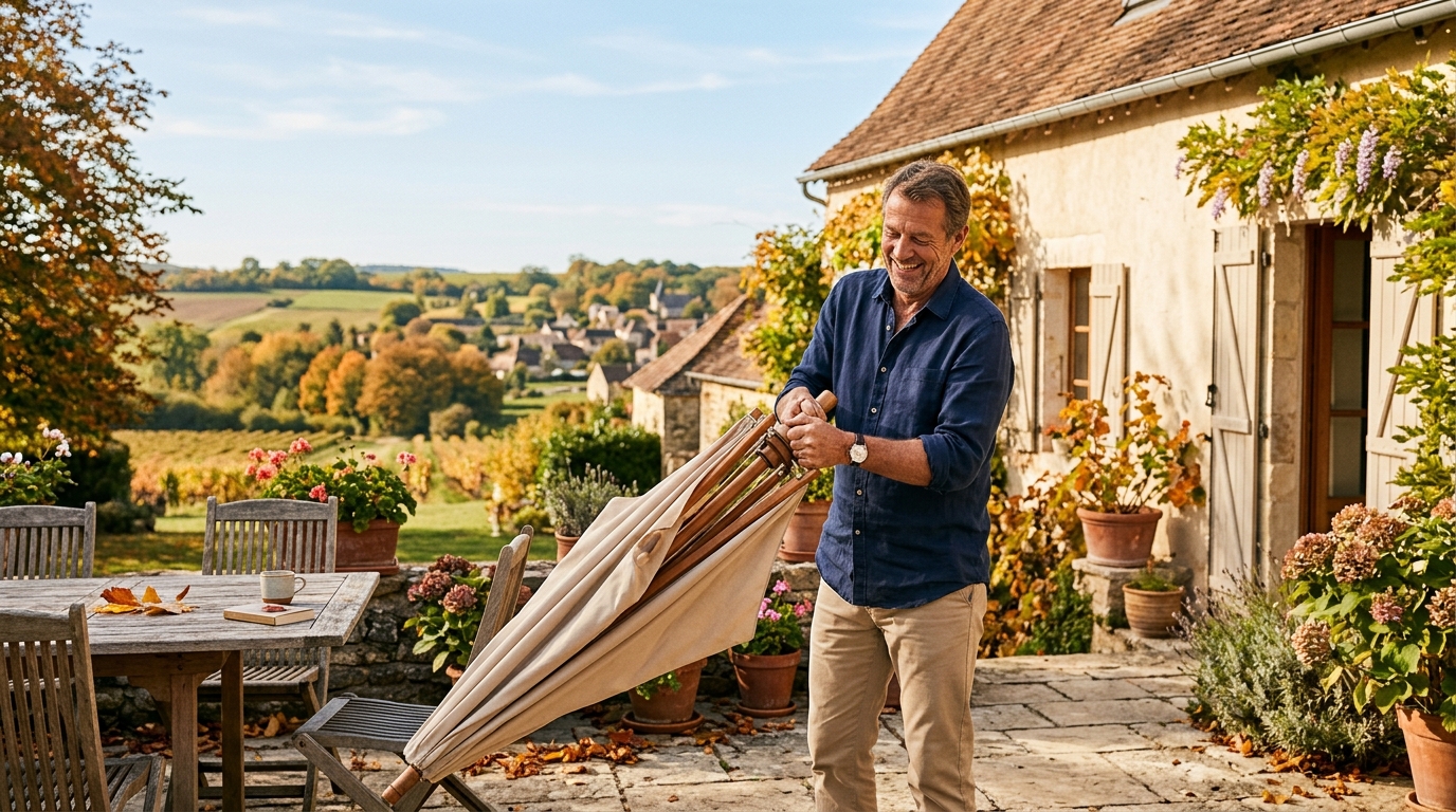 Homme pliant un parasol de jardin en fin d'été