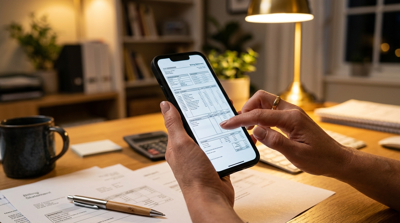 Main consultant une facture téléphonique sur écran