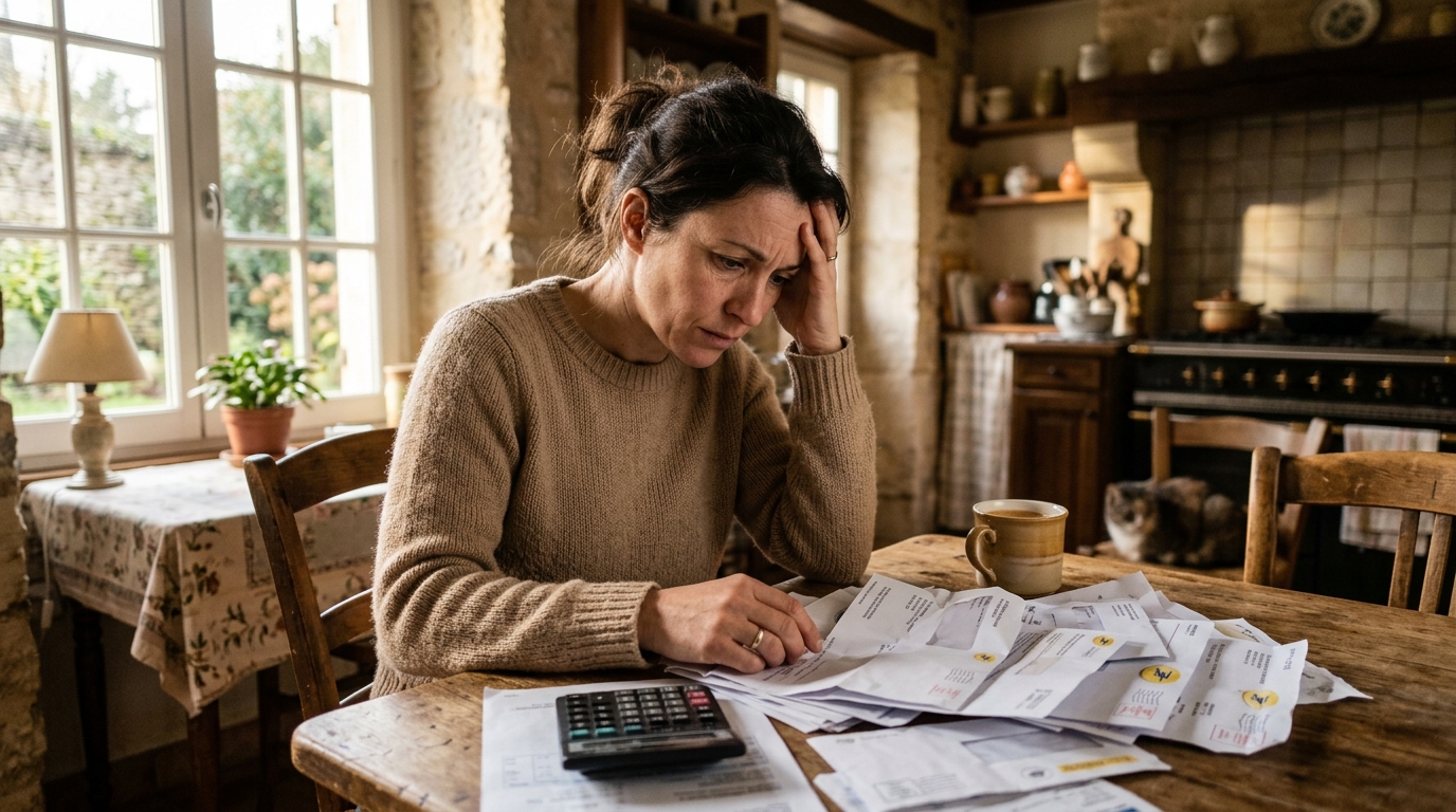 Femme inquiète devant ses factures d'octobre à la maison