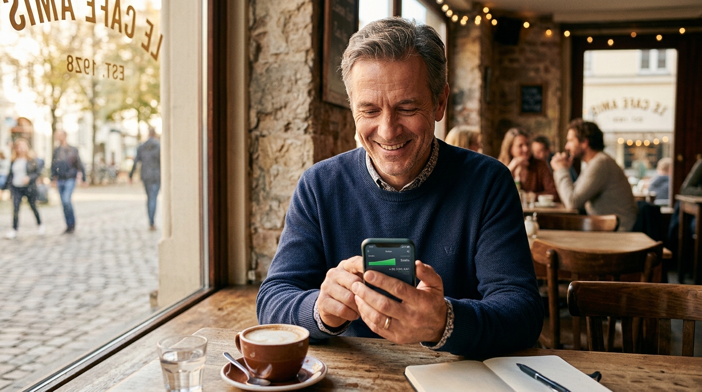 Homme souriant vérifiant son solde bancaire sur smartphone