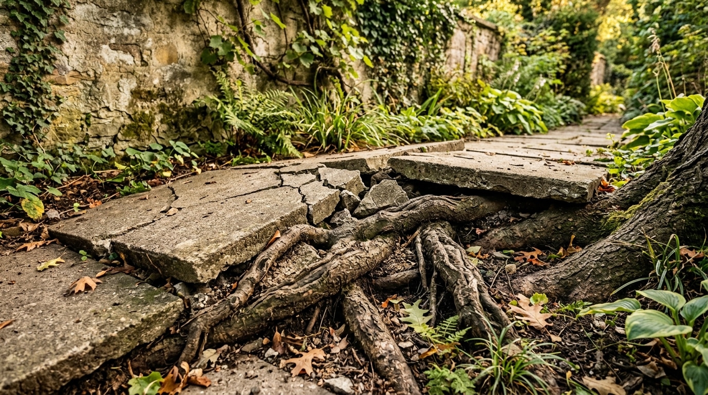 Terrasse fissurée par des racines d'arbre envahissantes