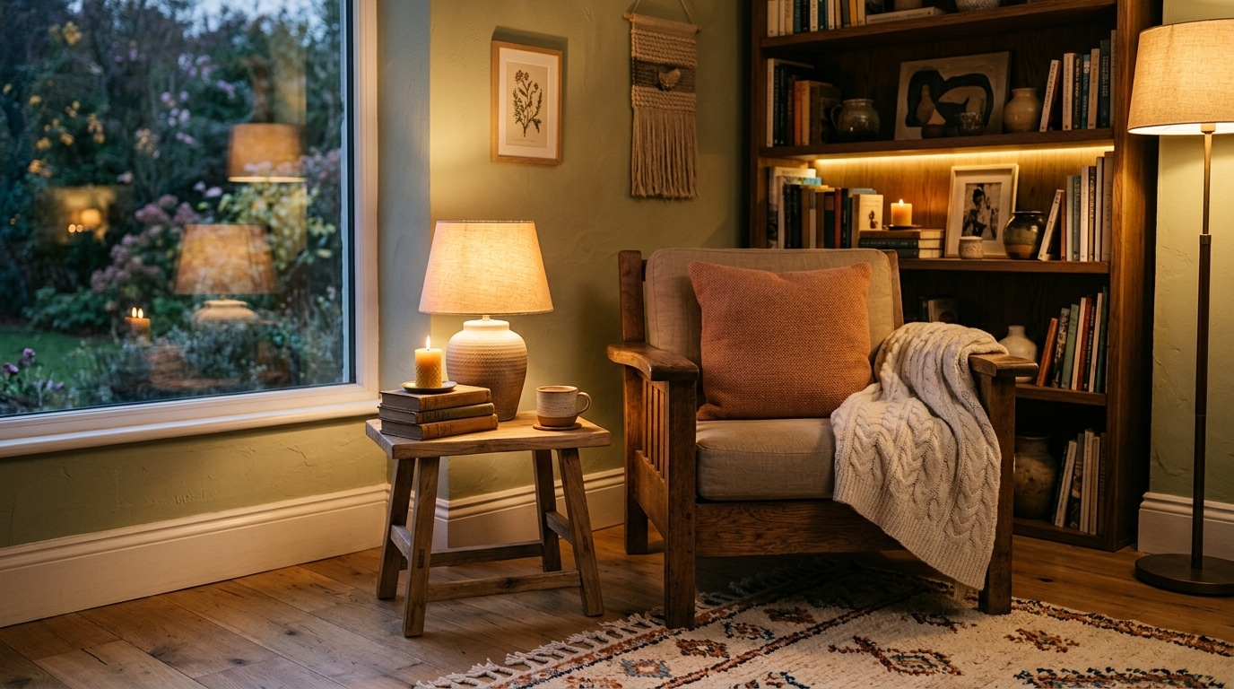 Salon chaleureux avec lampe et bois naturel