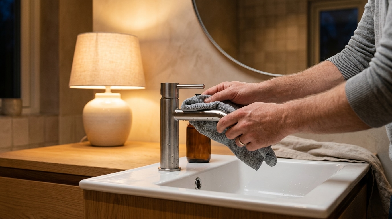 Mains nettoyant un robinet de cuisine le soir