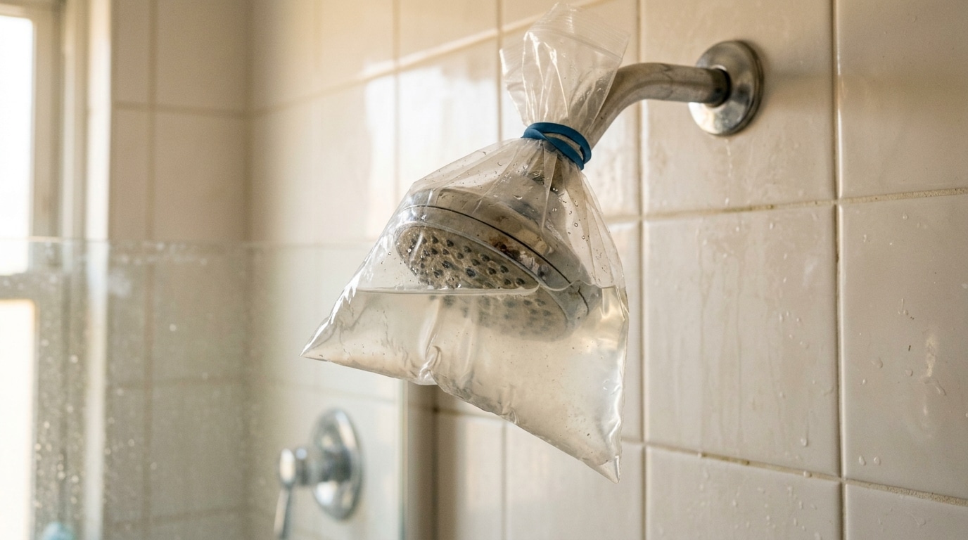 Pommeau de douche trempant dans un sachet de vinaigre