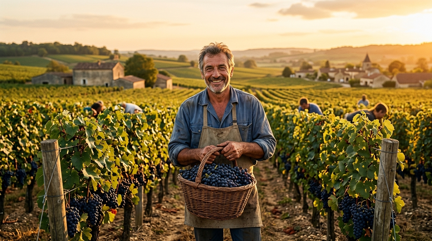 Vendanges dans un vignoble français au coucher du soleil