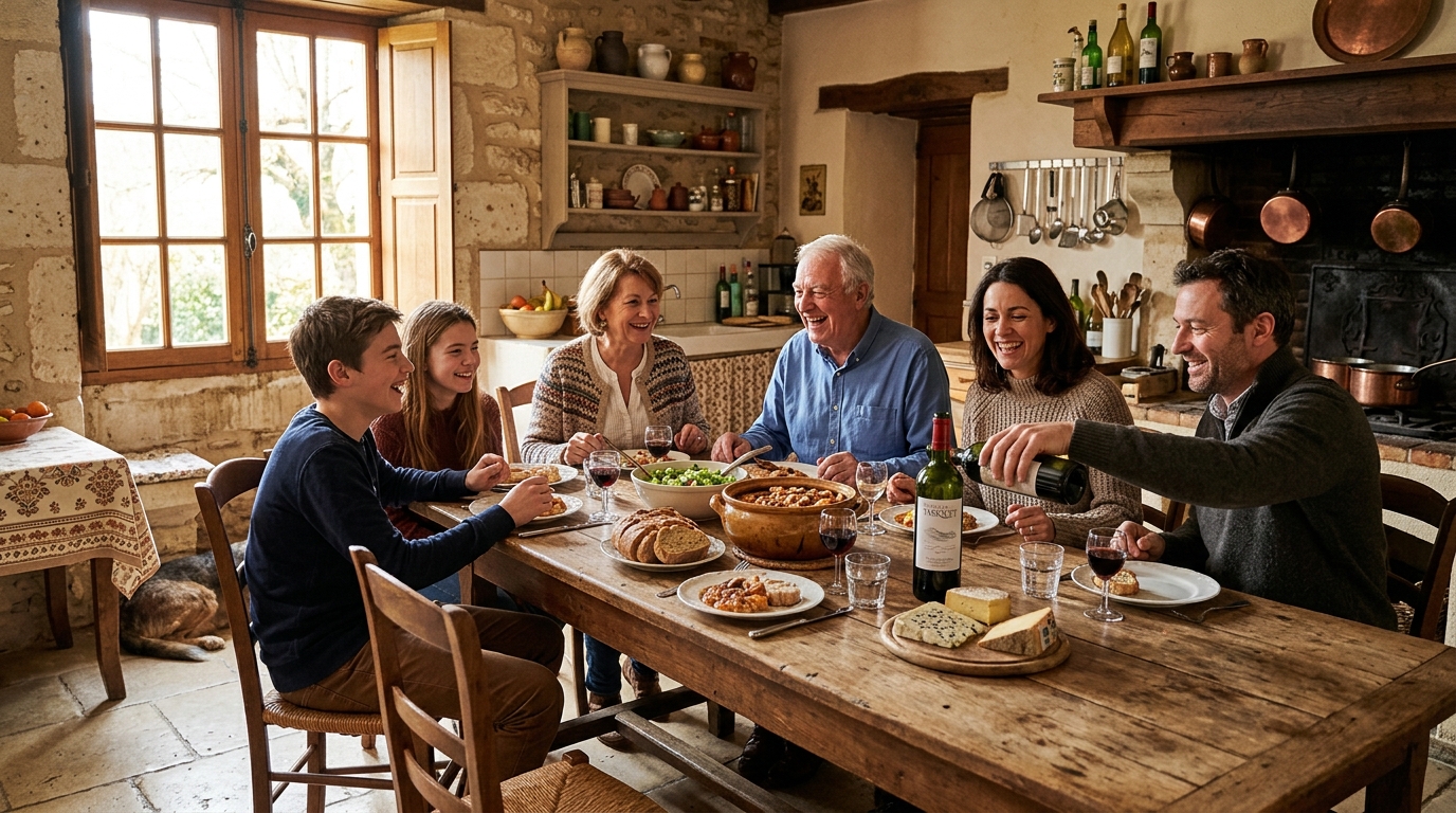 Famille française partageant un repas et du vin en Gers