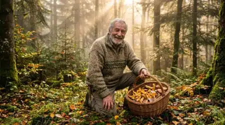 Cueilleur âgé récoltant des champignons dans une forêt automnale