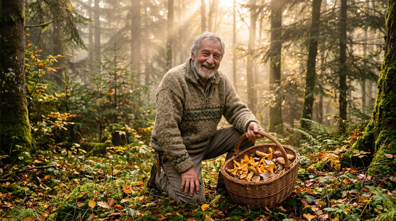 Cueilleur âgé récoltant des champignons dans une forêt automnale