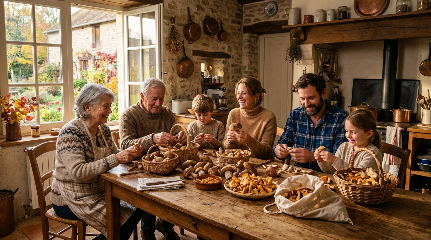 Famille française triant des champignons sauvages sur une table rustique