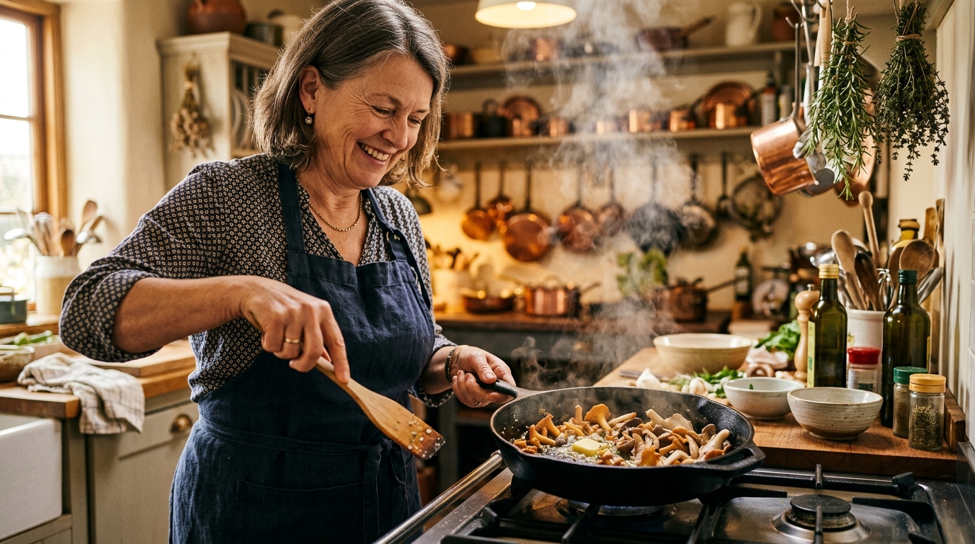 Femme cuisinant une poêlée de champignons sauvages au beurre