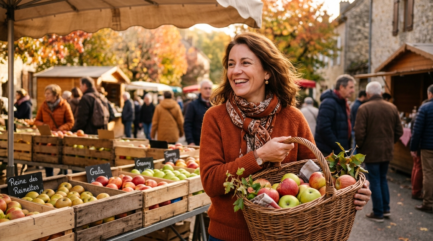 Femme souriante avec un panier de pommes au marché