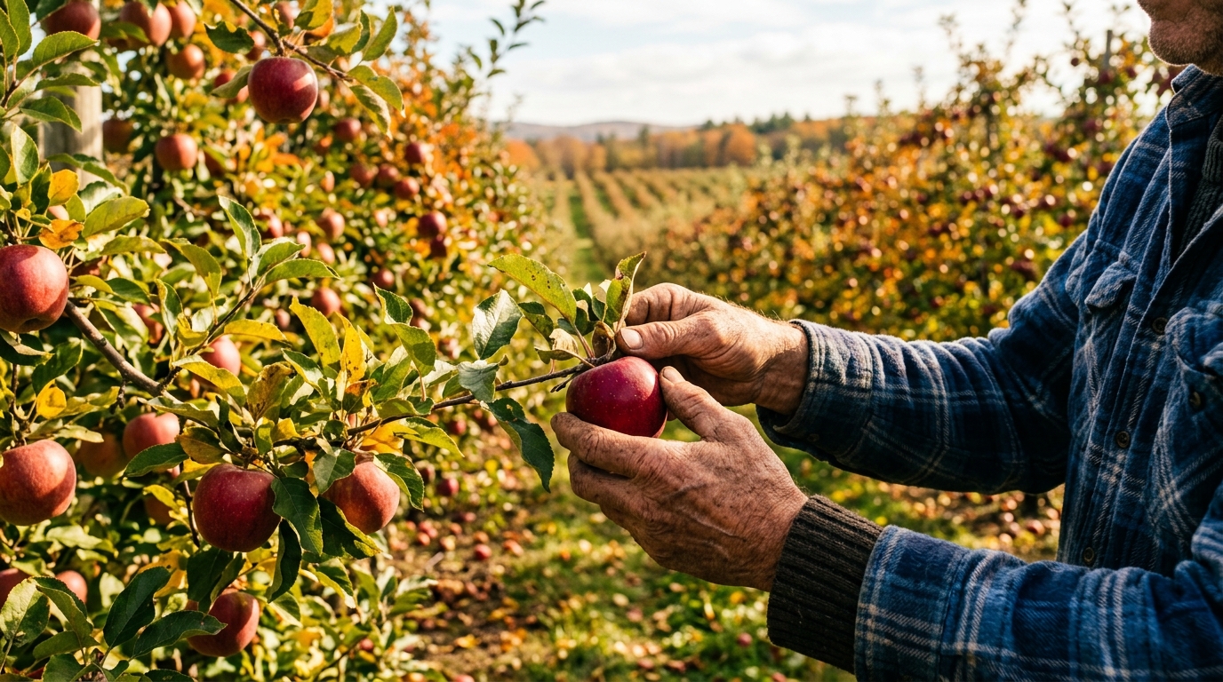 Main cueillant une pomme rouge dans un verger