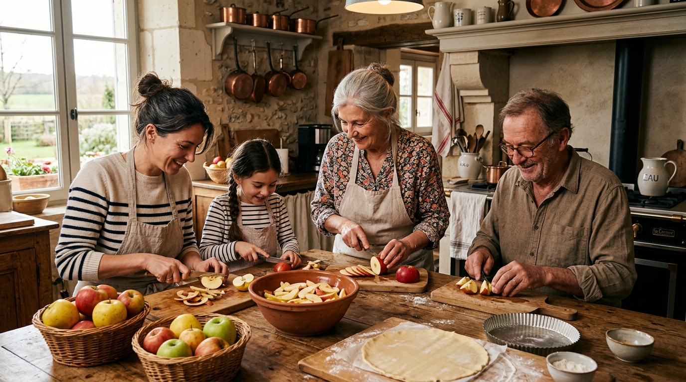 Famille préparant une tarte aux pommes en cuisine