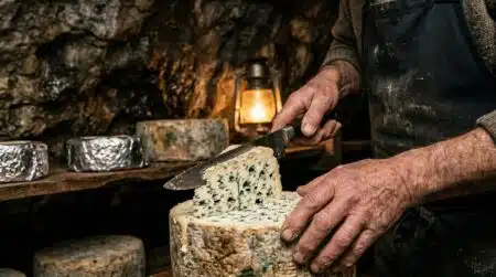 Fromager tranchant un roquefort dans une cave d'affinage
