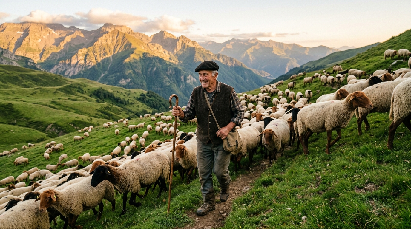 Berger avec des brebis manech dans les Pyrénées