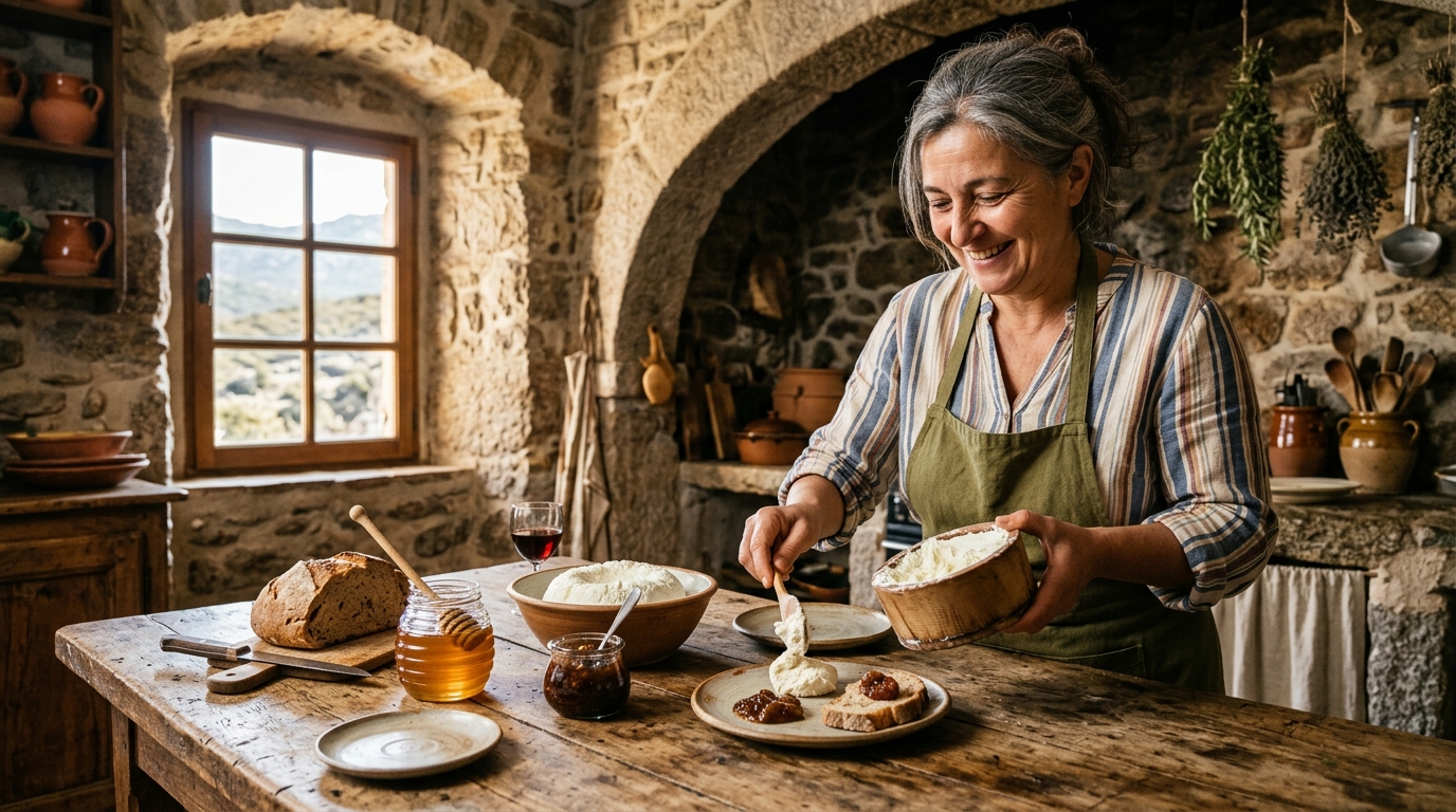 Femme corse servant du brocciu frais avec du miel
