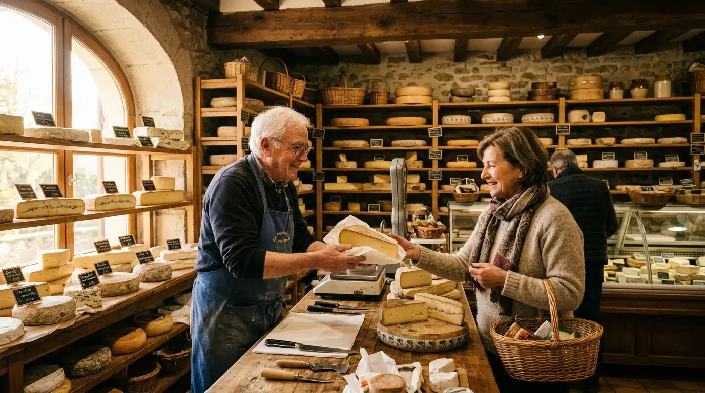 Fromager souriant dans une boutique artisanale traditionnelle française