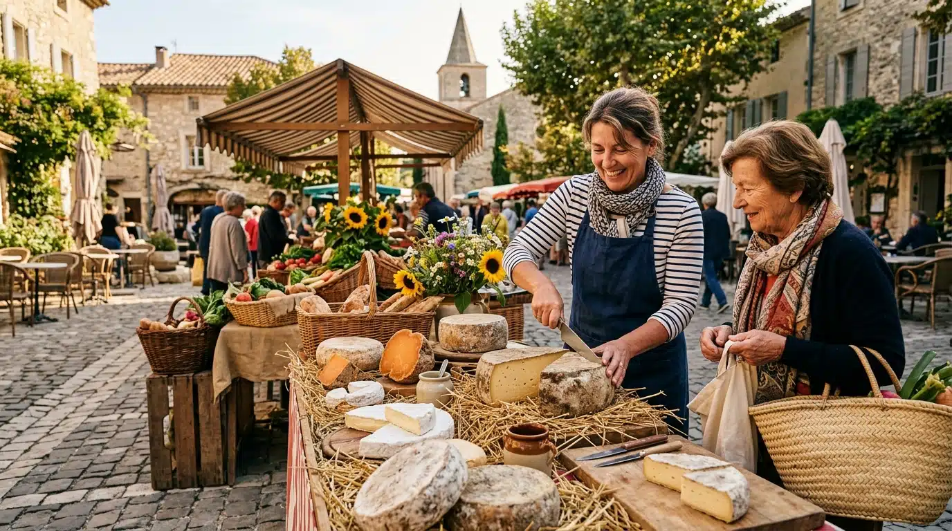 Marché fermier avec fromages régionaux et vendeuse souriante