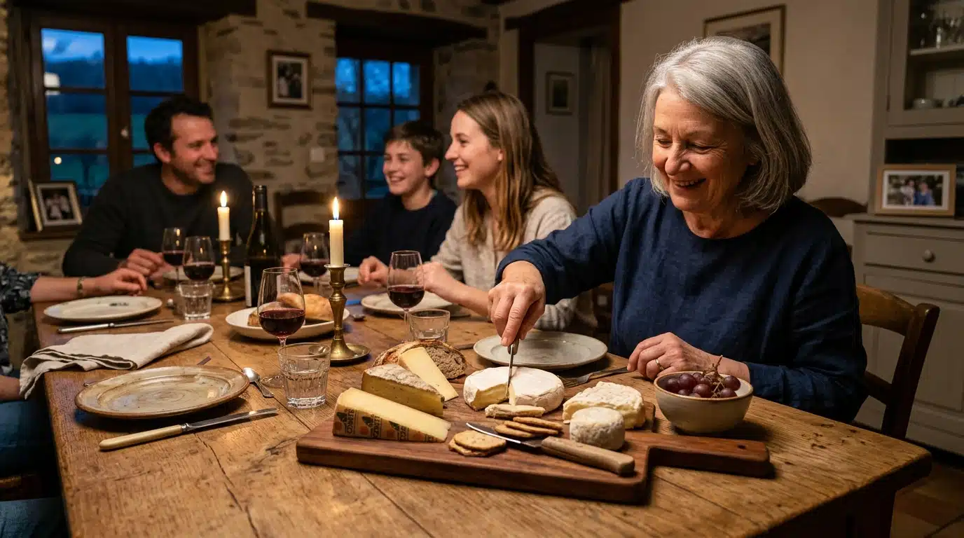 Plateau de fromages traditionnel sur une table familiale française