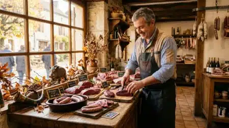 Étal de boucher avec gibier frais à l'ouverture de la chasse
