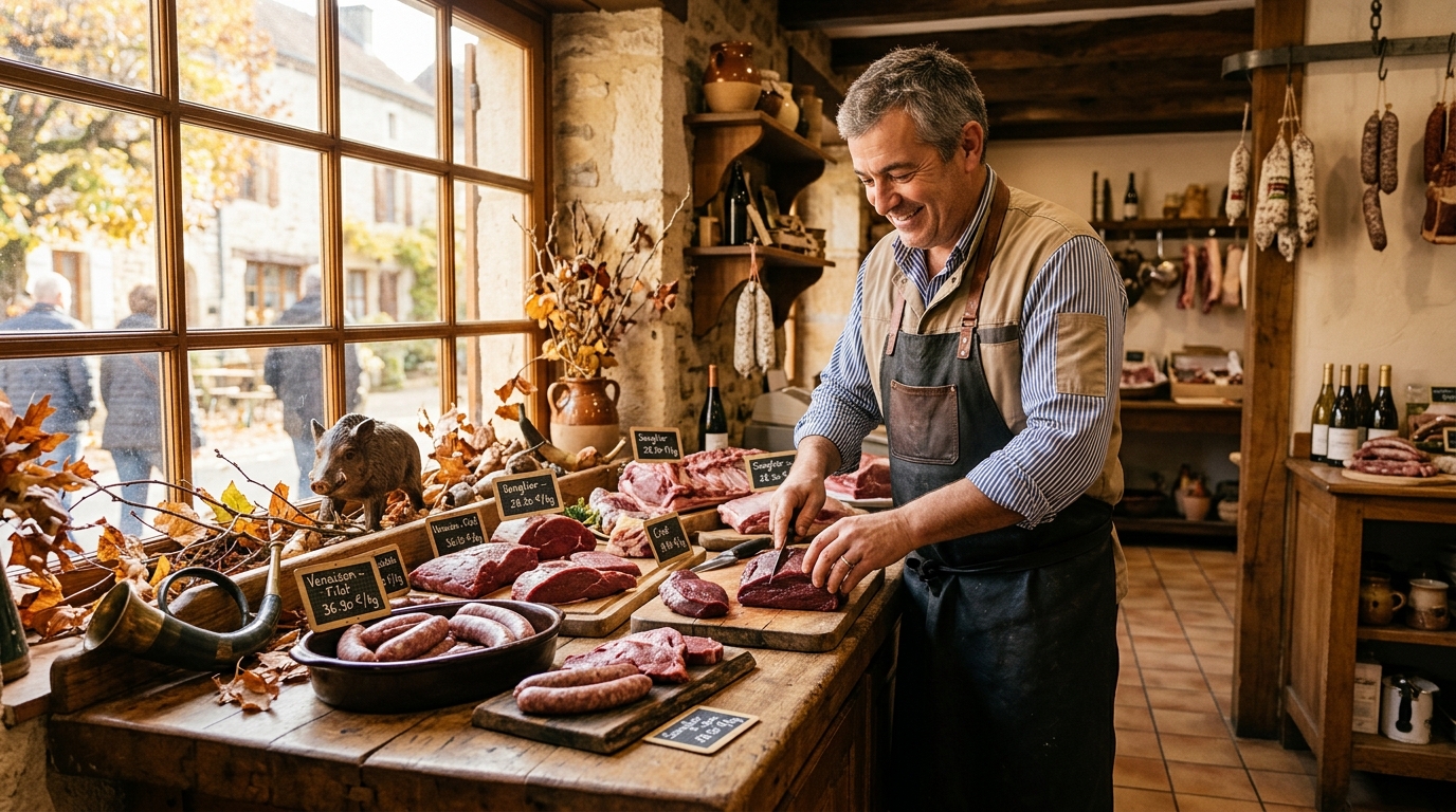 Étal de boucher avec gibier frais à l'ouverture de la chasse