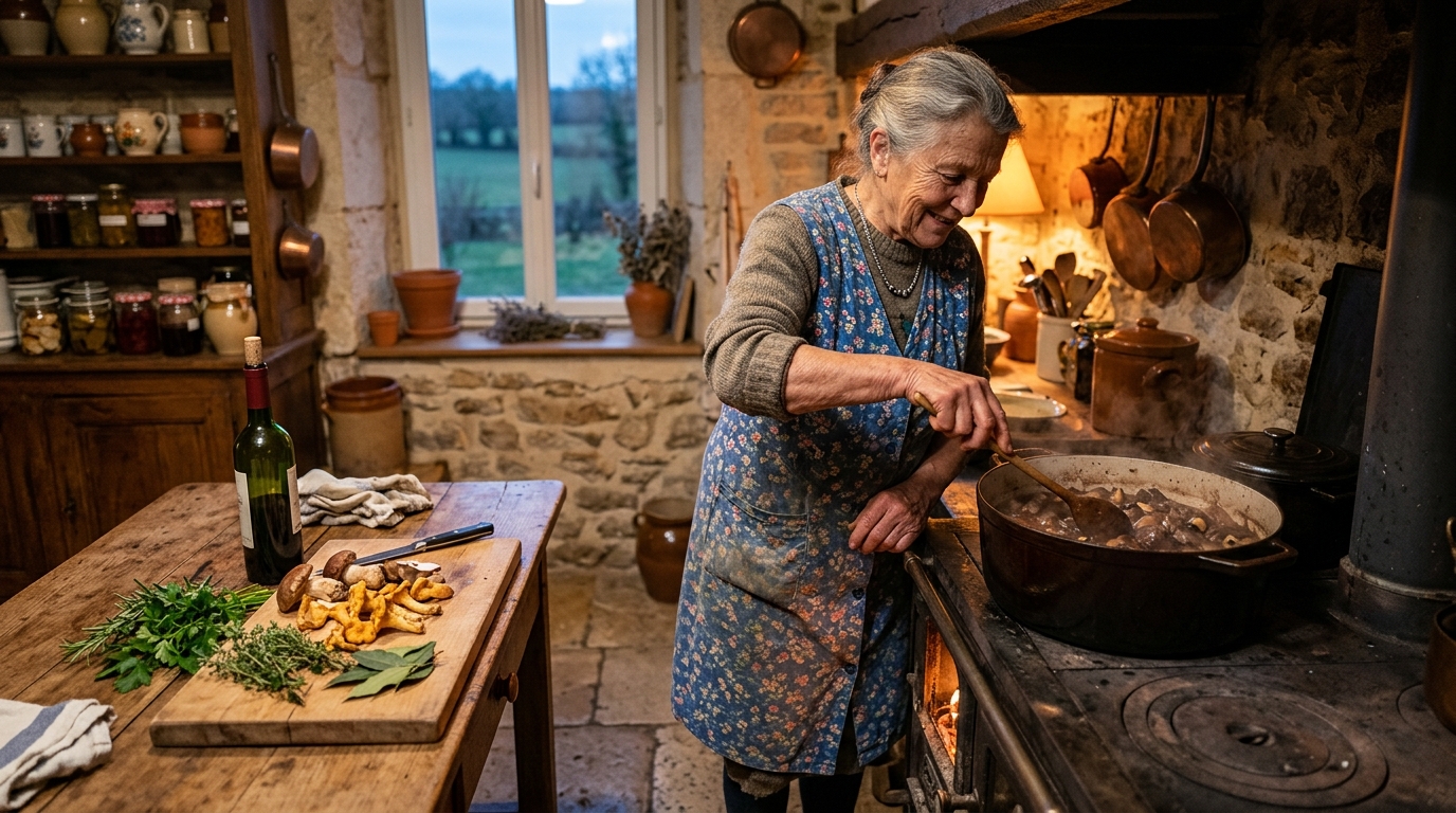 Femme préparant un civet de sanglier traditionnel en cuisine