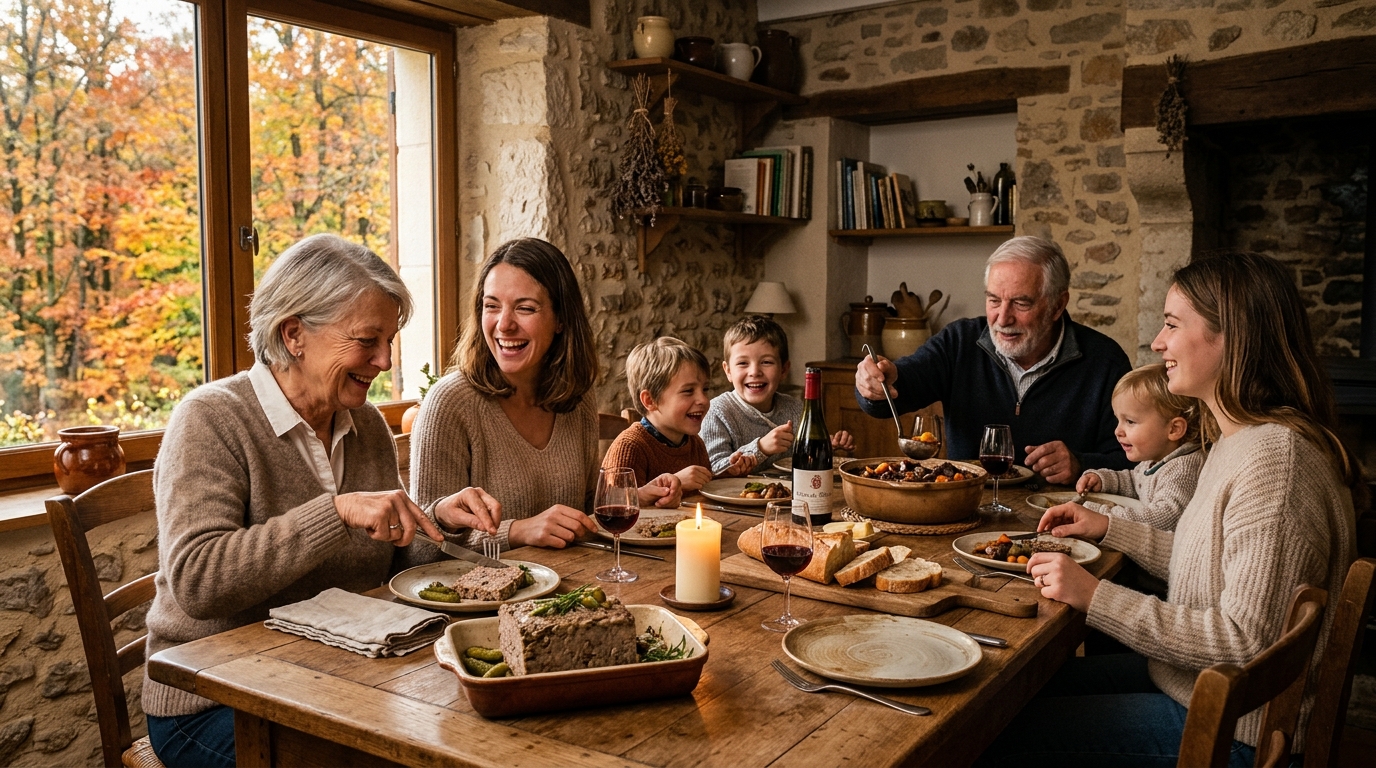 Famille partageant un repas de gibier à table en automne