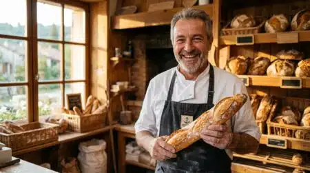 Boulanger souriant tenant une baguette fraîche traditionnelle