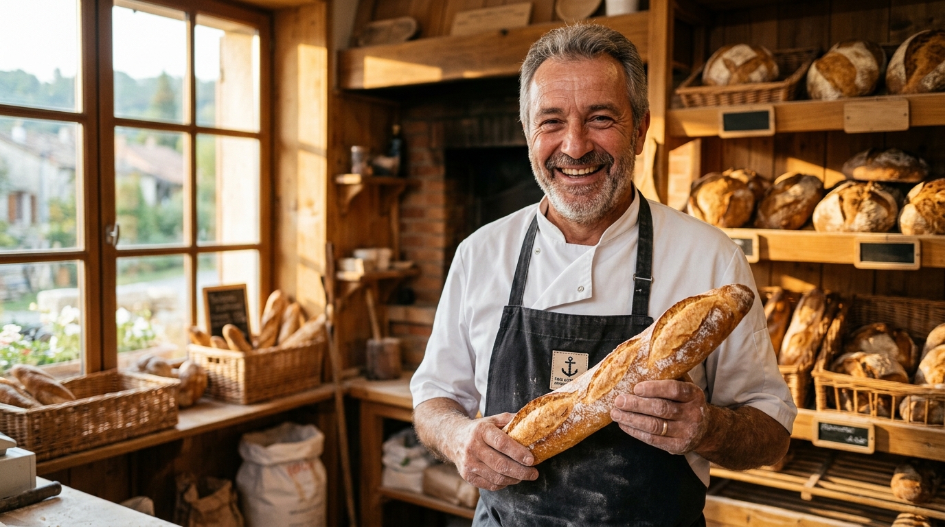 Boulanger souriant tenant une baguette fraîche traditionnelle