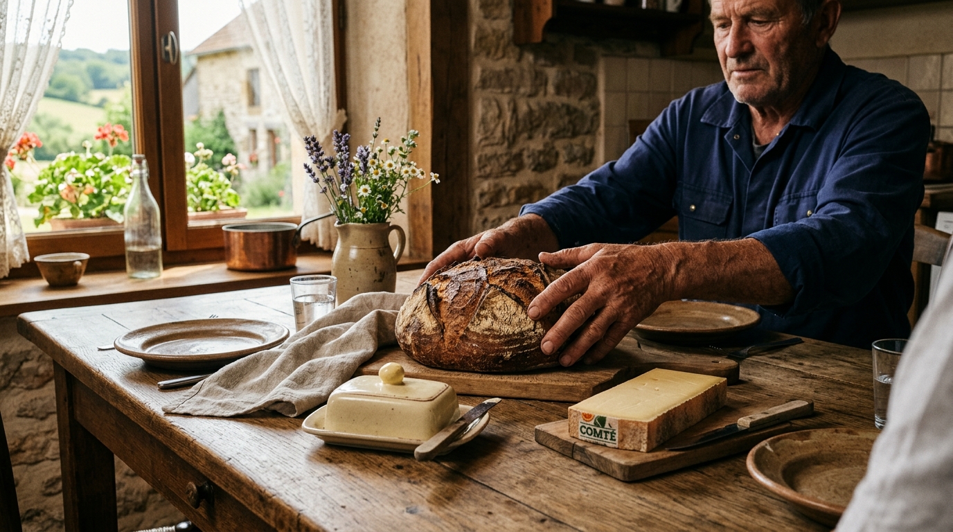 Pain de campagne sur une table rustique dans l'Est de la France