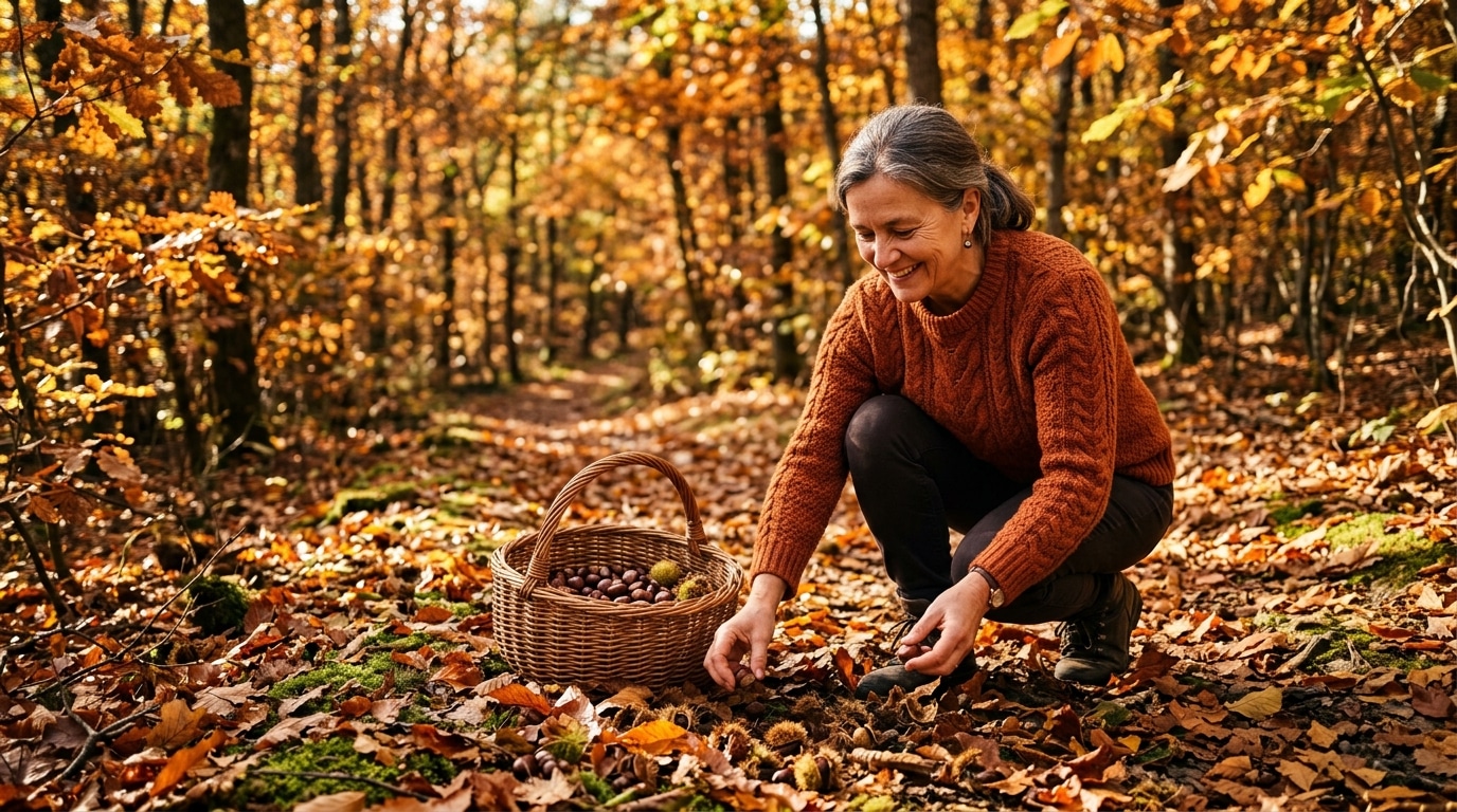 Femme ramassant des châtaignes en forêt automnale