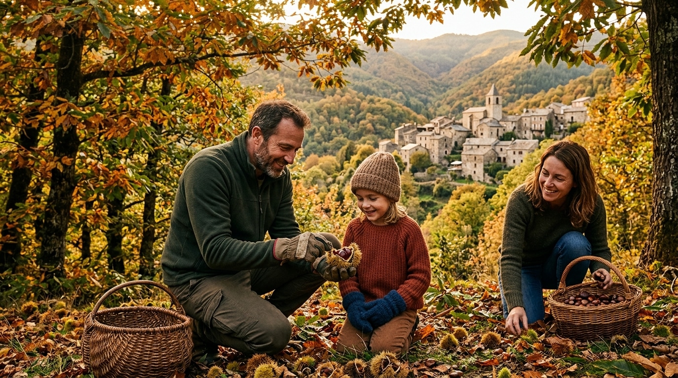 Famille cueillant des châtaignes dans les Cévennes