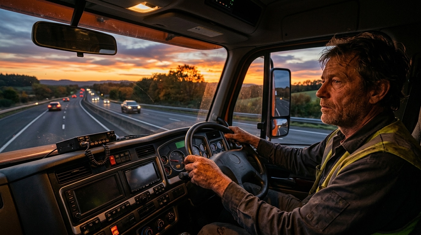 Chauffeur routier fatigué au volant au coucher du soleil