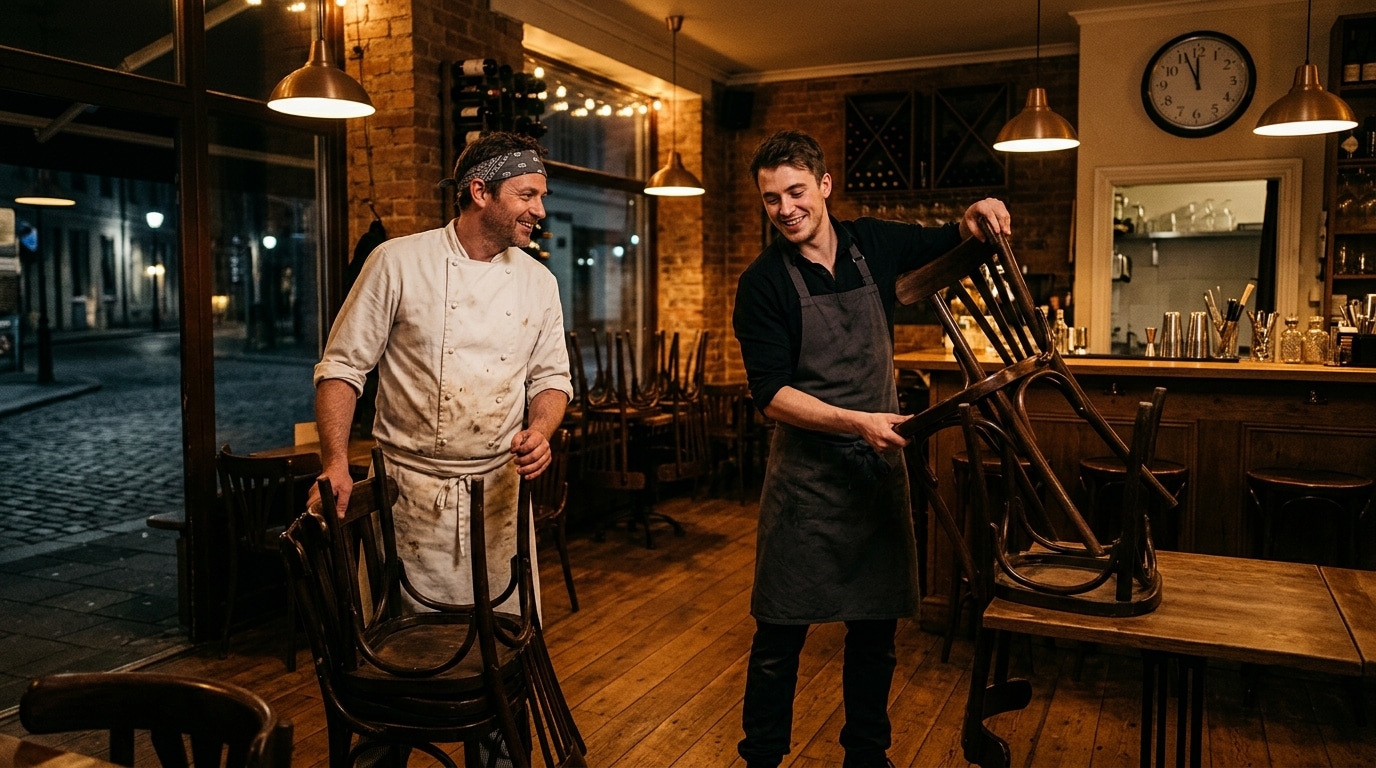 Personnel de restaurant fermant l'établissement tard le soir