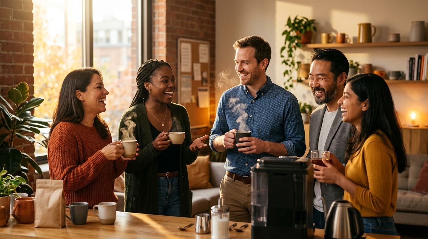 Collègues souriants autour de la machine à café au bureau
