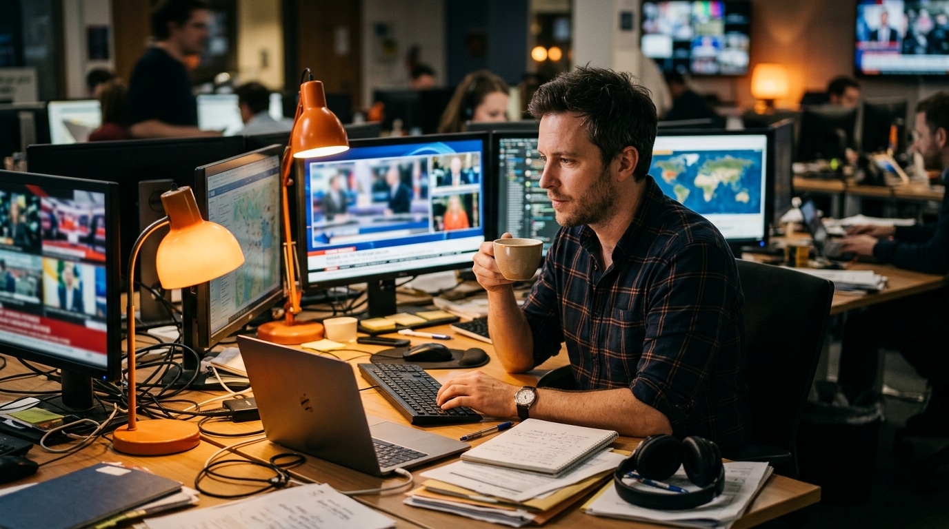 Journaliste buvant un café à son bureau en rédaction