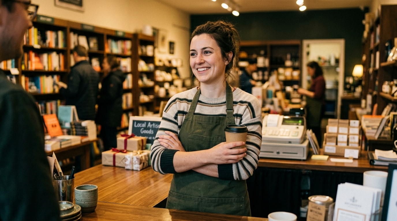 Vendeuse en magasin savourant sa pause café méritée