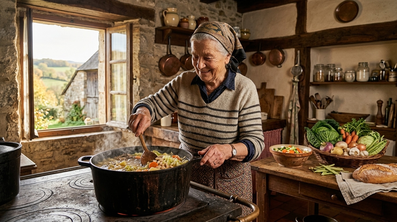 Femme préparant une garbure traditionnelle en cuisine