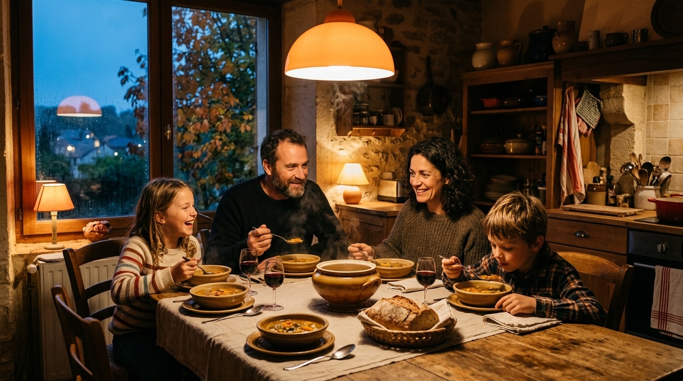 Famille attablée devant des bols de soupe fumante