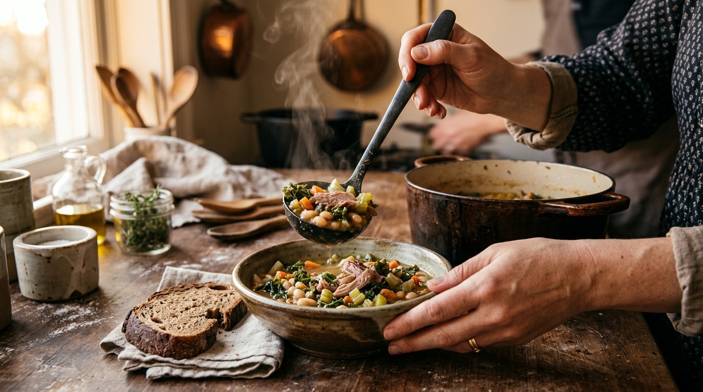 Louche versant une garbure avec confit de canard