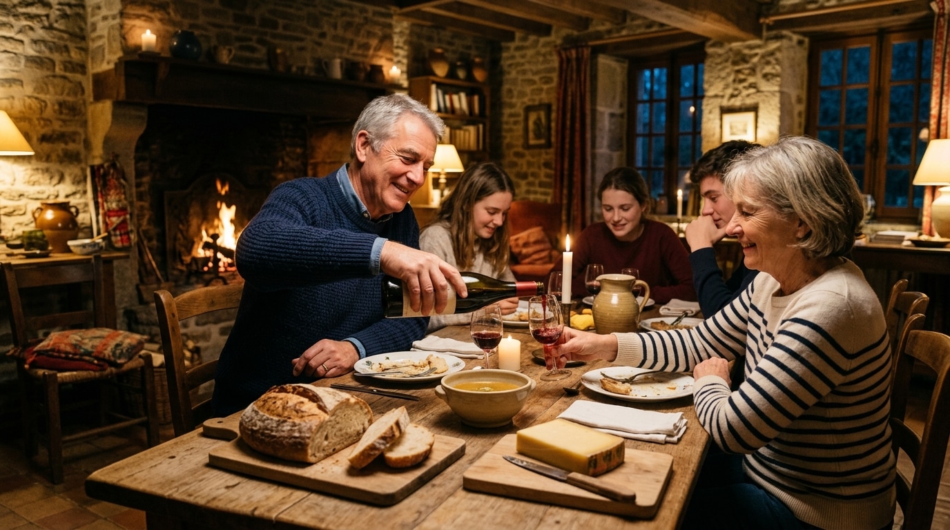 Repas familial avec du vin rouge dans le nord