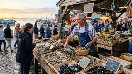 Étal de fruits de mer frais sur un marché côtier français